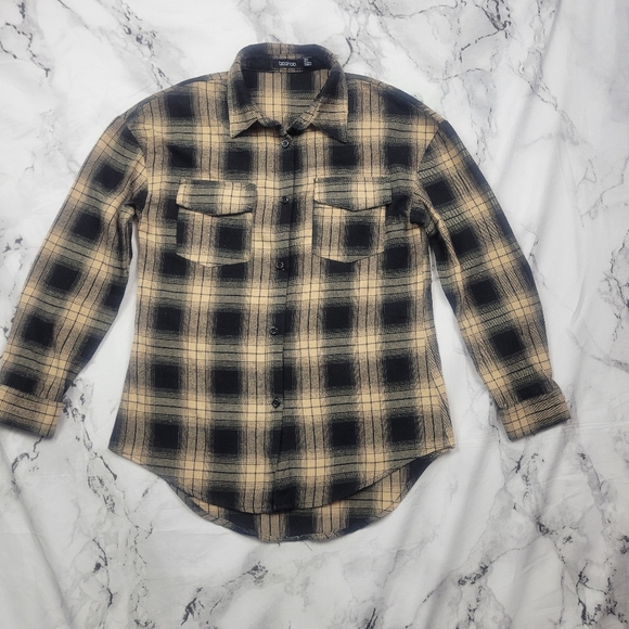 Boohoo Plaid flannel womens button down shirt longsleeve fall winter teens sz 4 - Picture 12 of 16